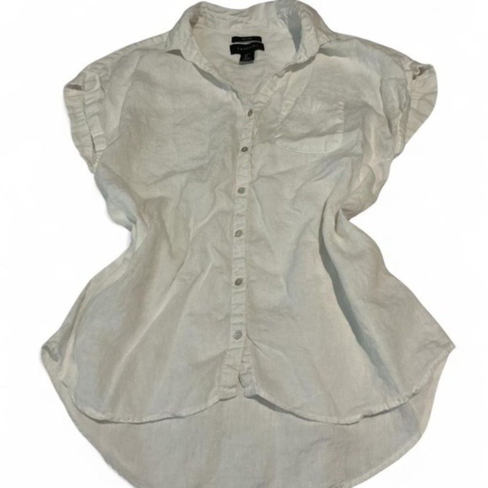 Tahari Linen Button Down Shirt Womens L White Short Sleeve High Low Hem Top